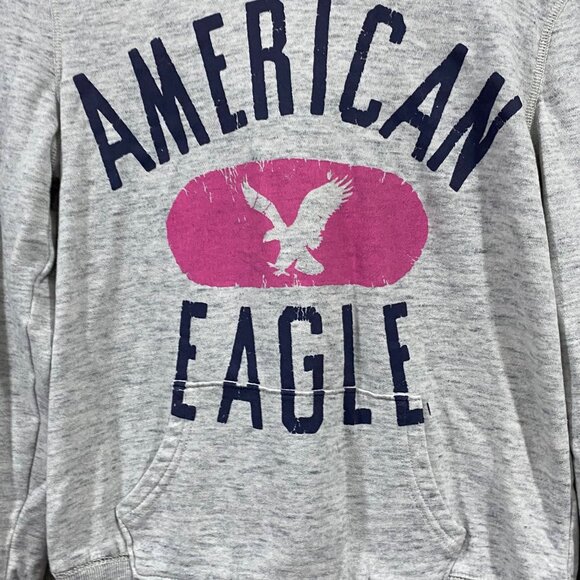American Eagle Gray Graphic Hoodie With Pink & Navy Logo Print Size M - Picture 2 of 4